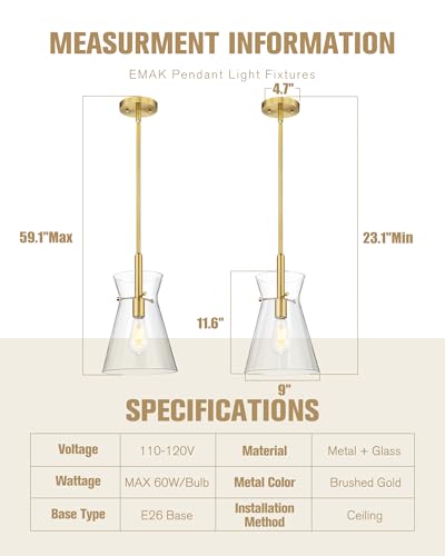 EMAK 9-Inch Modern Pendant Light with Clear Glass Shade - Brushed Gold, Adjustable Height, Kitchen Island Lighting - Variation of Brushed Gold / 1