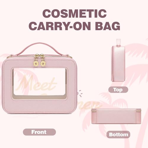 Waterproof Cosmetic Bag with Makeup Brush Bag, Leather Travel Makeup Bag with handle, Crossbody Shoulder Bag with metal detachable shoulder strap for Women (pearl pink)