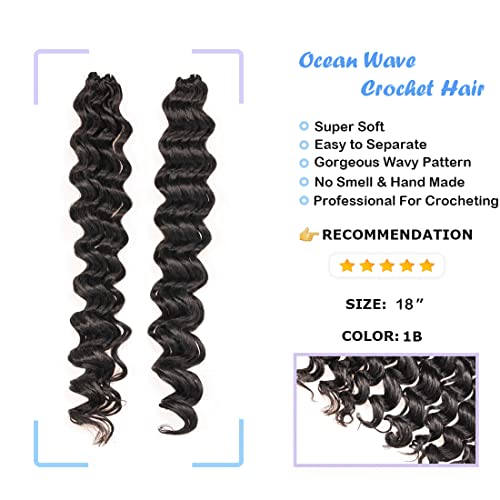 Ocean Wave Crochet Hair - 18 Inch 8 Packs Natural Black Deep Wave Synthetic Extensions - Variation 1B/18 Inch