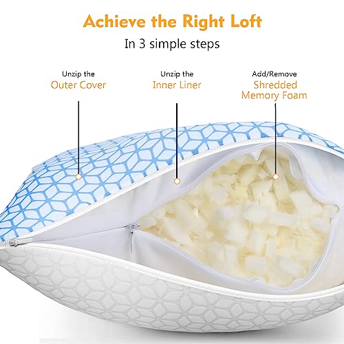 Queen Size Shredded Memory Foam Pillow Set of 4 - Adjustable Support & Cooling Cover