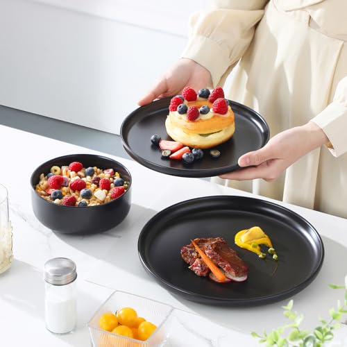 Black Porcelain Dinnerware Set for 4 - 12 Pieces Plates & Bowls, Microwave & Dishwasher Safe