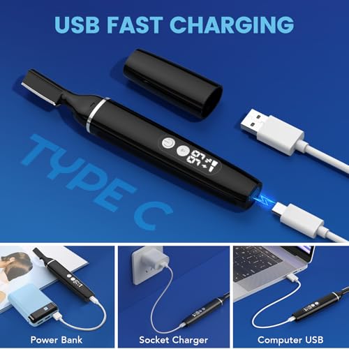 Eyebrow Trimmer Electric Eyebrow Razor with Digital Display LED Light, 2-Speed Eyebrow Shaver Rechargeable Face Trimmer for Men, Painless Facial Hair Remover for Upper Lip Peach Fuzz Mustache Arm Leg