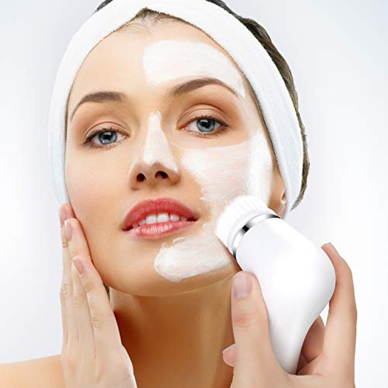Facial Cleansing Brush, Waterproof Spin Face Brush Set with Holder and 6 Brush Heads, Gentle Exfoliating, Deep Cleansing, Massaging and Removing Blackhead for Women and Men (White)
