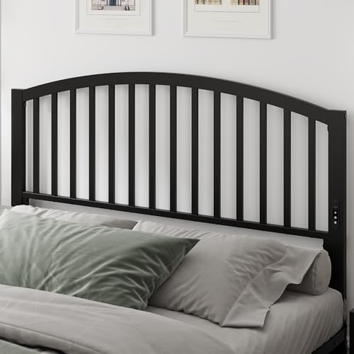 Queen Headboard with LED Lights and USB Port - Black Metal Bed Frame