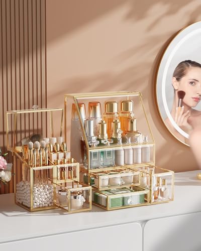 CoralHouse Clear Glass Makeup Organizer with Brush Holder - Modular Vanity Storage