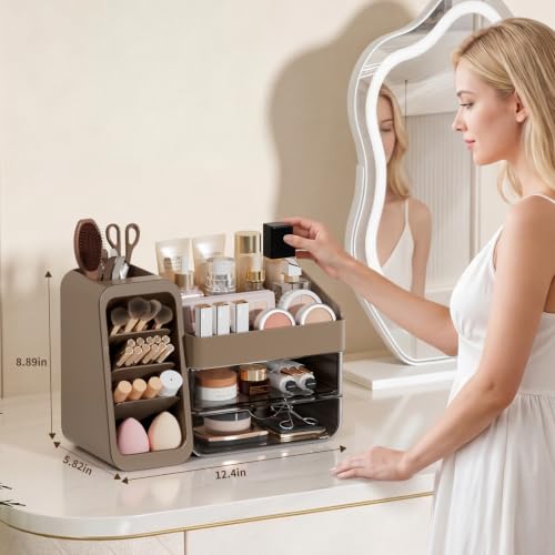 Countertop Makeup & Skincare Organizer with Adjustable Brush Holder - Taupe