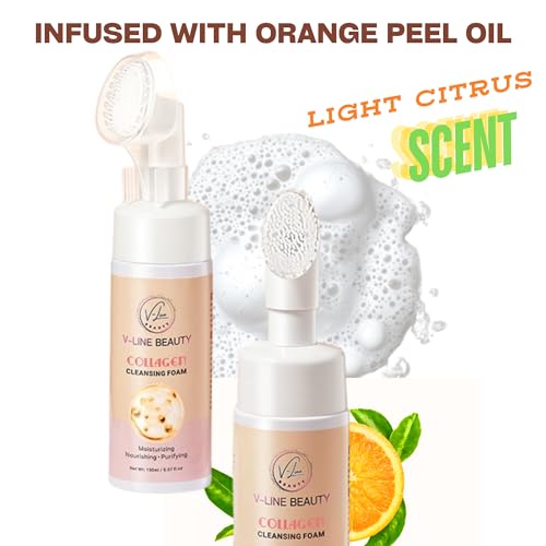 Collagen Cleansing Foam with Built-in Brush ? Moisturizing, Nourishing & Purifying Face Wash with Botanical Extracts for All Skin Types, Light Citrus Scent, 150 ml / 5.07 fl oz