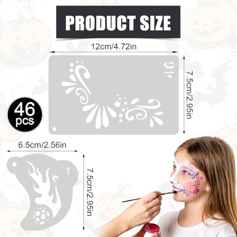 46pcs Face Paint Stencils, Premium Reusable Halloween Body and Face Painting Templates Practical Accessories for Halloween Party Makeup