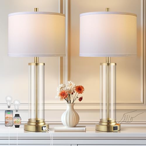 Glass Table Lamps Set of 2 - Modern Gold Dimmable Bedside Lamps with USB Charging - Variation of Gold