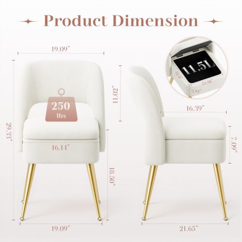MALOL Beige Vanity Chair with Storage & Open Back, Adjustable Gold Metal Legs