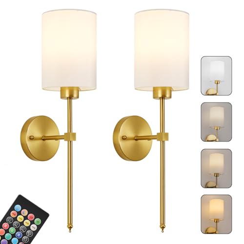 Brass Wall Sconce Set of Two - Dimmable RGB Battery Operated with Timer, 20.6 Inch