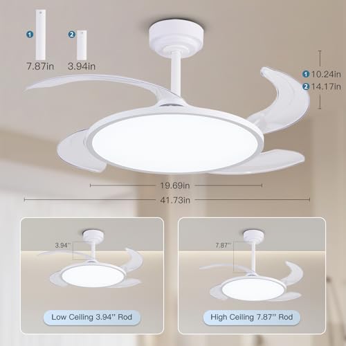 Retractable Ceiling Fan with Lights and Remote - 42 Inch White Fandelier with Dimmable Full Spectrum Light, Timer, Silent DC Motor