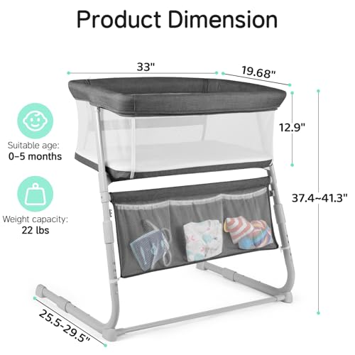 Cowiewie Dark Grey Bedside Baby Bassinet with 5-Height Adjustment, Breathable Mesh, Space-Saving Co-Sleeper