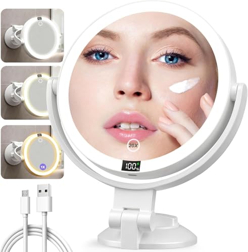 20X Magnifying Mirror Suction Cup with Lights, Wall Mounted Makeup