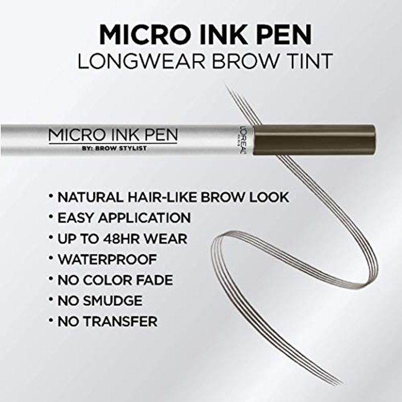 L'Oreal Paris Micro Ink Pen by Brow Stylist, Longwear Brow Tint, Hair-Like Effect, Up to 48HR Wear, Precision Comb Tip, Dark Brunette, 0.033 fl; oz.