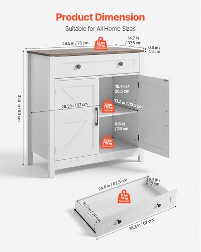 Farmhouse Buffet Cabinet with 2 Doors - White Sideboard with Adjustable Shelves and Drawer, 30" Coffee Bar Station