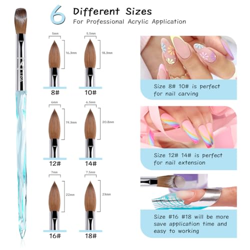 M ProK 100% Kolinsky Acrylic Nail Brush ? Professional Nail Brush for Acrylic Application with Crystal Blue Handle ? Handcrafted Salon Quality Tool (Size #10)
