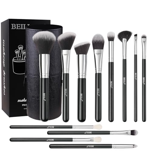 BEILI 12pcs Makeup Brush Set with Holder - Premium Synthetic Kabuki Face & Eye Brushes