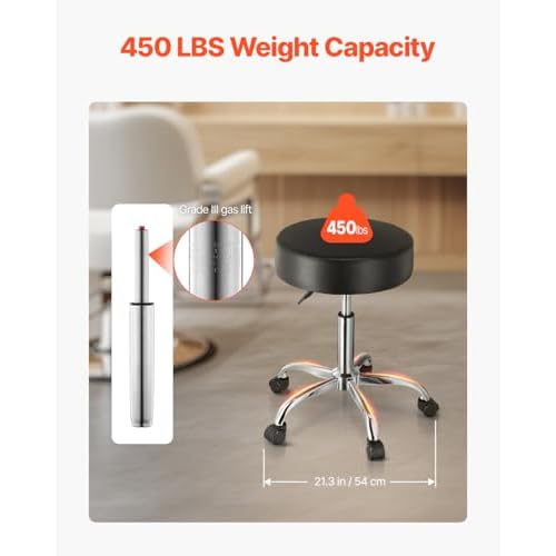 VEVOR Rolling Stool with Wheels, 450 LBS Weight Capacity Round Rolling Stool Chair, Height Adjustable Thickened PU Leather Swivel Stool for Salon, Spa, Massage, Tattoo, Clinic, Black