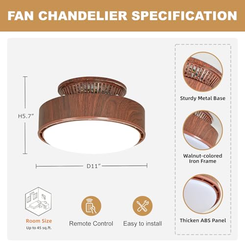 Walnut Bladeless Ceiling Fan with Lights, 11 Inch Flush Mount Fandelier, Remote Control, Dimmable LED for Bedroom & Kitchen