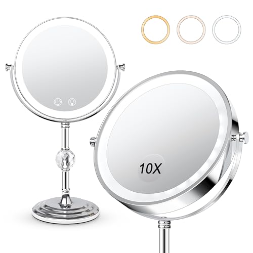 Chrome-Crystal Lighted Makeup Mirror 4000mAh Rechargeable Double Sided 1x/10x with Dimming