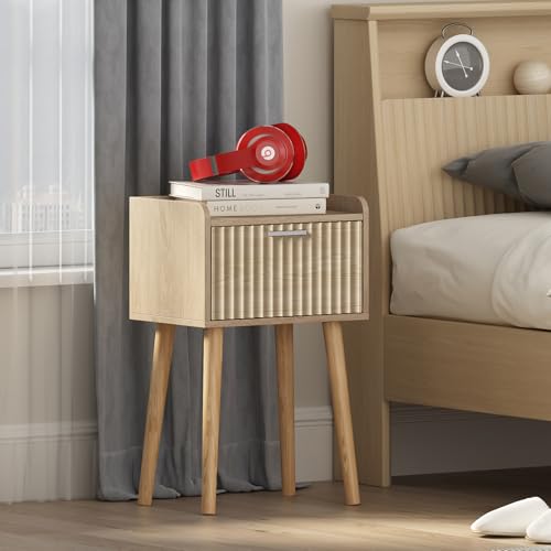 LAATOOREE Nightstand Set of 2 - Small Bedside Tables with Fluted Door, Natural/Fluted Style
