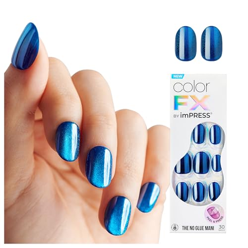 KISS colorFX by imPRESS Press On Nails , ¡®Reconnect¡¯, Solid Blue with Pearlescent Finish, Short Oval, IMPROVED adhesive, Includes 30 Fake Nails, Prep Pad, 1 Manicure Stick, 1 Mini Nail File
