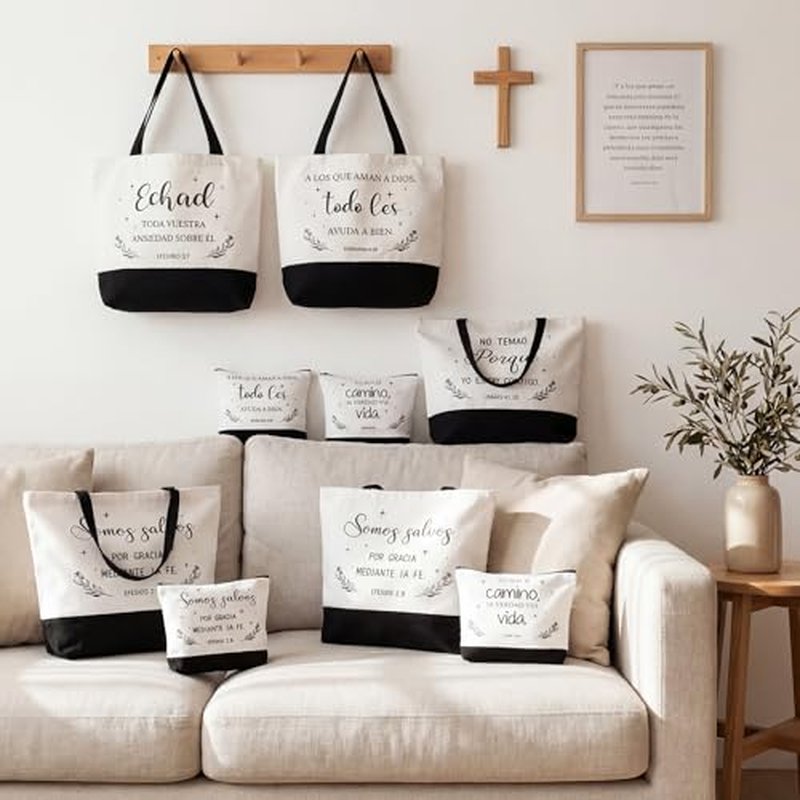 12 Pcs Gifts for Women Canvas Tote Bags with Inspirational Makeup Bags Christian Gifts for Mothers Church Teacher