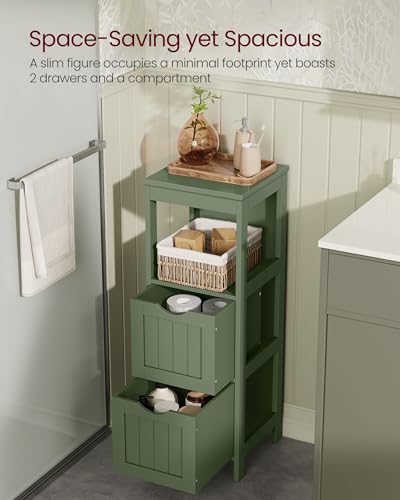 VASAGLE 35" H Floor Cabinet with 2 Drawers, Forest Green – Slim Corner Storage, Open Shelf