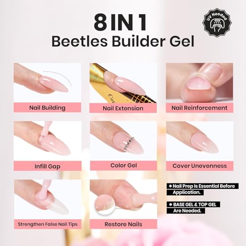 Beetles Builder Gel Set,Soft Nude Whisper 6 Colors 8 in 1 Strengthening Building Apex & Nail Extension for Beginners DIY Salon at Home,Nude Pink Builder Nail Gel,UV & LED Lamp Needed