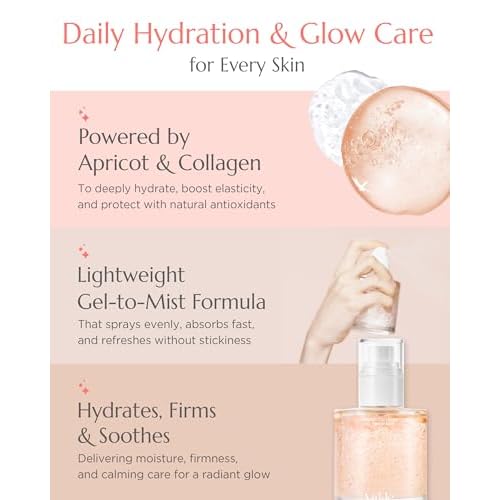 Apricot Collagen Gel Serum Mist - Korean Face Moisturizer French Patented with 8-Layer Hyaluronic Acid, Bakuchiol, Adenosine for Hydration Glow Firming Anti-Aging Spray, 6.76 fl.oz.
