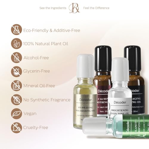 Decoder 5-Piece Facial Serum-Oil Set | Glow-Boosting, Anti-Aging, Hydrating, Claming, Nourishing ? Roll-On, Squalane, Jojoba Oil, Vitamin C & E, Clean Beauty for Women