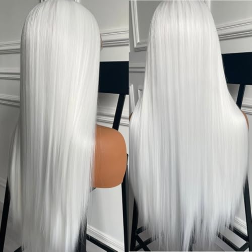 White Lace Front Synthetic Wig for Black Women - Pre Plucked Natural Hairline - Glueless Heat-Resistant Fiber - Variation: White