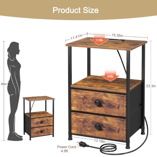 Set of 2 LED Nightstands with Charging Station - Rustic Brown / Power & RGB Lights
