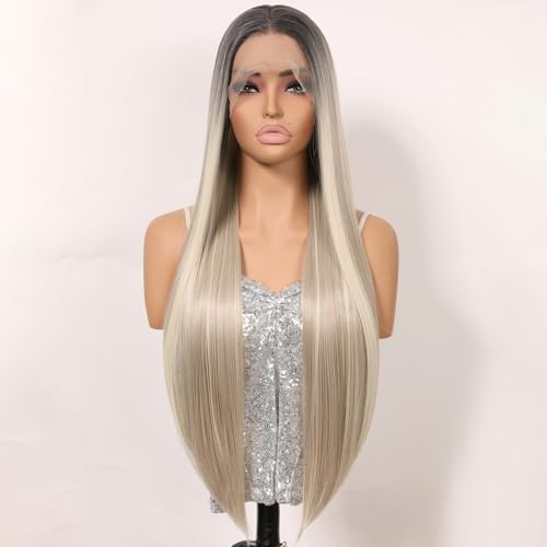 Balayage Ice Platinum Blonde Lace Front Wig with Dark Roots - Ash Blonde Highlights for Women