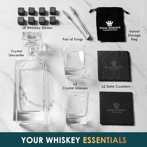 Whiskey Decanter Set with Glasses and 33.8 Ounce Capacity - Bourbon & Whiskey Stones