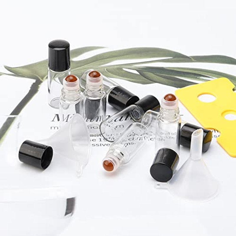 JIUWU 50 Pack, 3 ml Essential Oil Roller Bottles with Orange Glass Roller Ball, Refillable Leak-proof Empty Clear Glass Mini Roll on Bottles with Caps for Perfume, Travel, with 1 Tool 2 Funnels