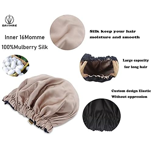 100% Mulberry Silk Lined Bonnet Adjustable Satin Sleep Cap 19 Momme Silk Bonnet for Women Curly,Long Hair Care