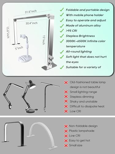White Portable LED Desk Lamp for Nail Tech with 3 Color Modes & Adjustable Brightness