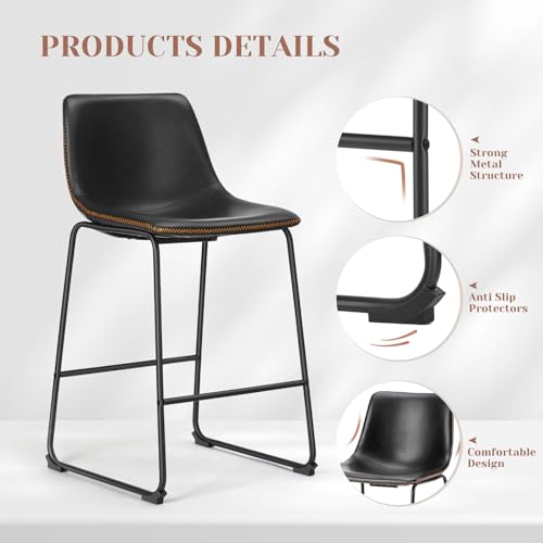 Sweetcrispy Set of 2 Black Faux Leather Bar Stools with Metal Legs - Counter Height