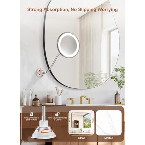 Brightown 10x Magnifying Mirror with Light, Flexible Gooseneck Make up Mirror with Lights and Magnification, Battery Operated Cordless with Suction Cups for Wall Bathroom Silver 1 Lighting