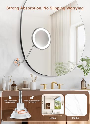 Brightown 10x Magnifying Mirror with Light, 7.5 x 7.4 Inch Silver Travel Makeup Mirror with Gooseneck & Suction Cup
