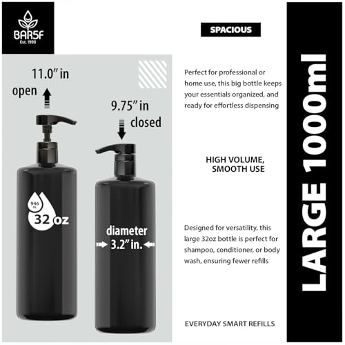 Bar5F 1-Liter BPA-Free Black Pump Bottles ? Refillable PET Plastic Dispensers for Shampoo, Conditioner & Body Wash with UV Shield Gloss Finish, Heavy-Duty 3-Pack