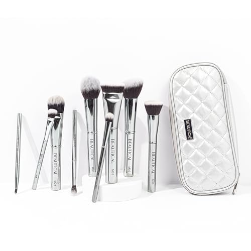 BEAUTICAL 9-Piece Vegan Makeup Brush Set with Travel Pouch - Soft Synthetic Bristles for Liquid, Cream & Powder Application