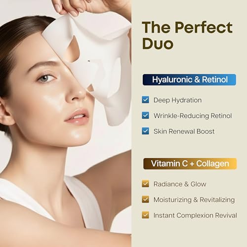 Clear Beauty Hyaluronic & Retinol + Vitamin C Collagen Face Mask Duo ? Hydrating, Firming & Revitalizing For Dull Or Aging Skin ? Dermatologist Tested, Korean Skin Care, Clean Beauty ? 10 Sheets
