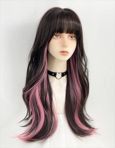 Colorful Long Wavy Synthetic Wig for Women with Bangs - Black, Brown & Pink