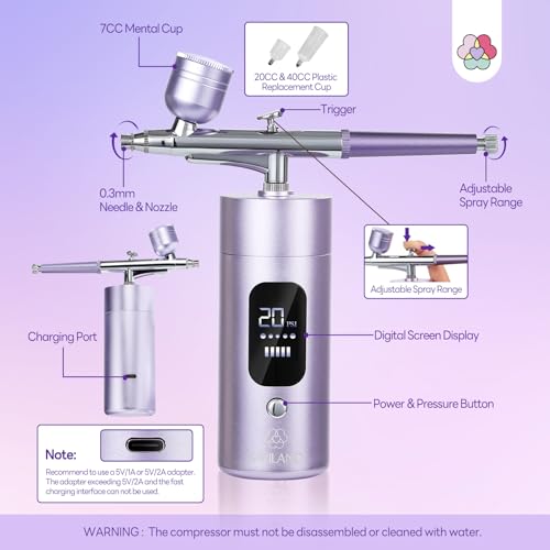 SAVILAND Airbrush for Nails: 30 PSI LCD Display Airbrush Kit with Compressor 0.3mm Nozzle Air brush Gun Portable Rechargeable Cordless Air Brush Machine for Nails Art Painting, Cake Decor, Makeup