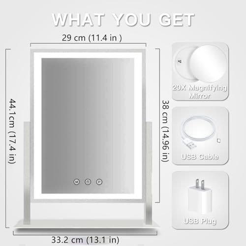 HIEEY Lighted Makeup Mirror, Hollywood Vanity Mirror with Lights, Three Color Lighting Modes, with 4in 20X Magnification Mirror, Smart Touch Control, 360¡ÆRotation (17.4in,White,Gift Box)