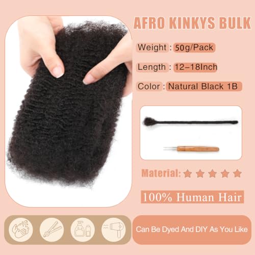 Afro Kinky Curly Human Hair Extensions for Dreadlocks & Twists - 18 Inch 50 Gram - #1B