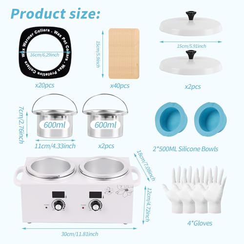 Double Wax Warmer for Hair Removal with Silicone Pot Liners – Includes 2 Pots, 40 Sticks, 20 Collars